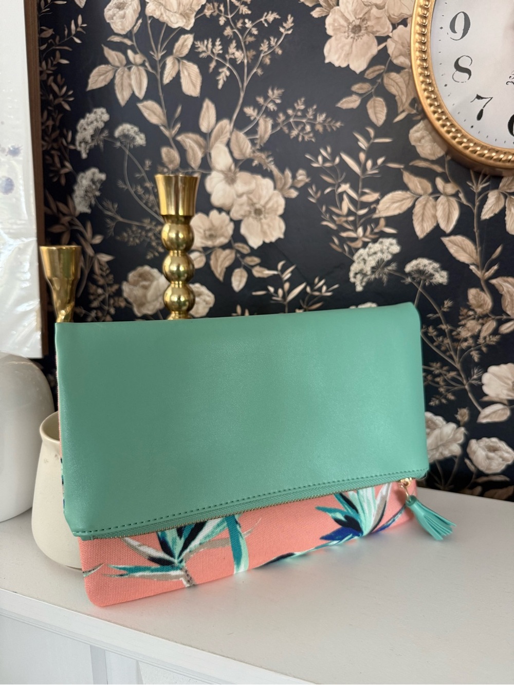 Rachel Pally Mint and Coral Floral Fold-Over Clutch